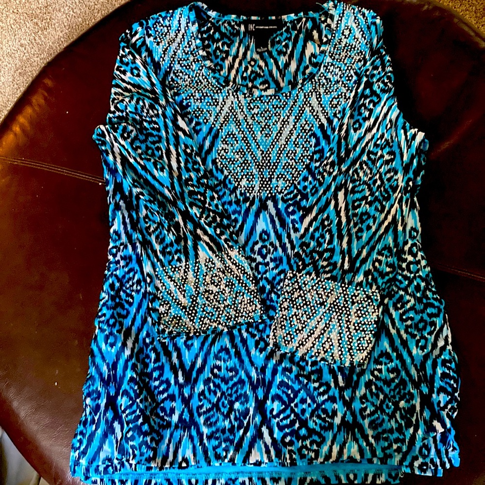 INC women’s top rhinestones accents on cuffs & neck szL blue green black multi